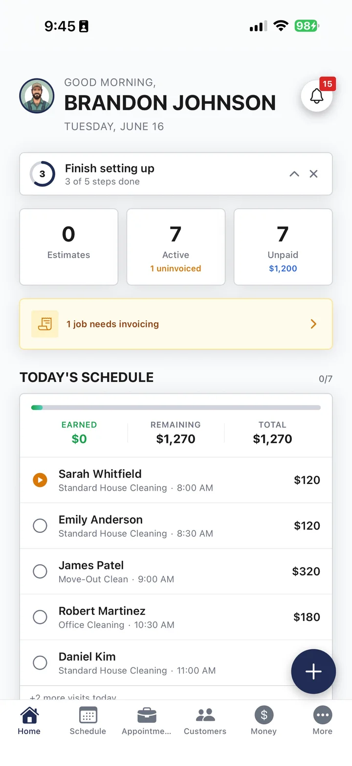 Cleanr dashboard with upcoming work