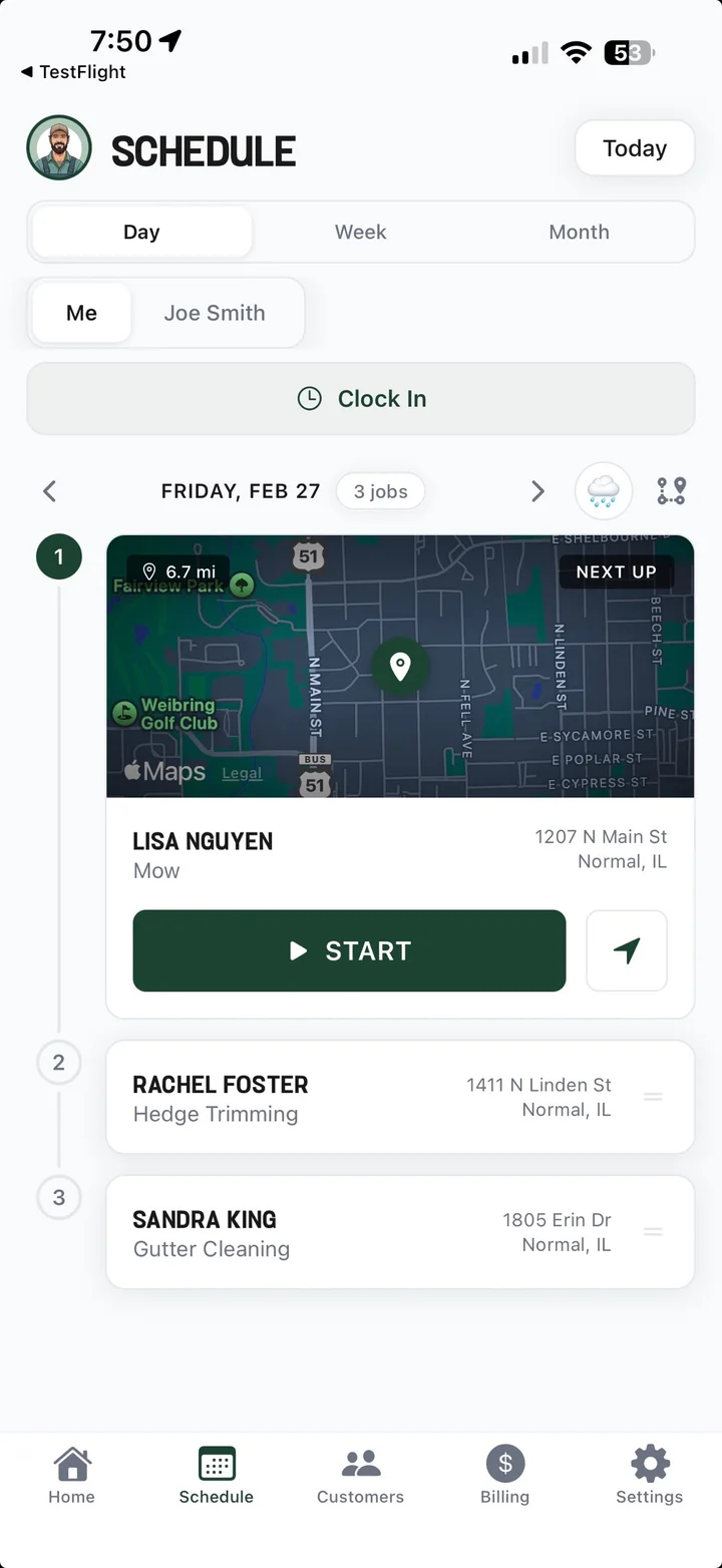 Grassr schedule with the day’s jobs and route
